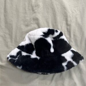 Black and White Faux Fur Cow Print Bucket Hat